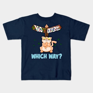 Which Way? | Funny Fat Orange Cat Lost Directional Wooden Sign Kids T-Shirt